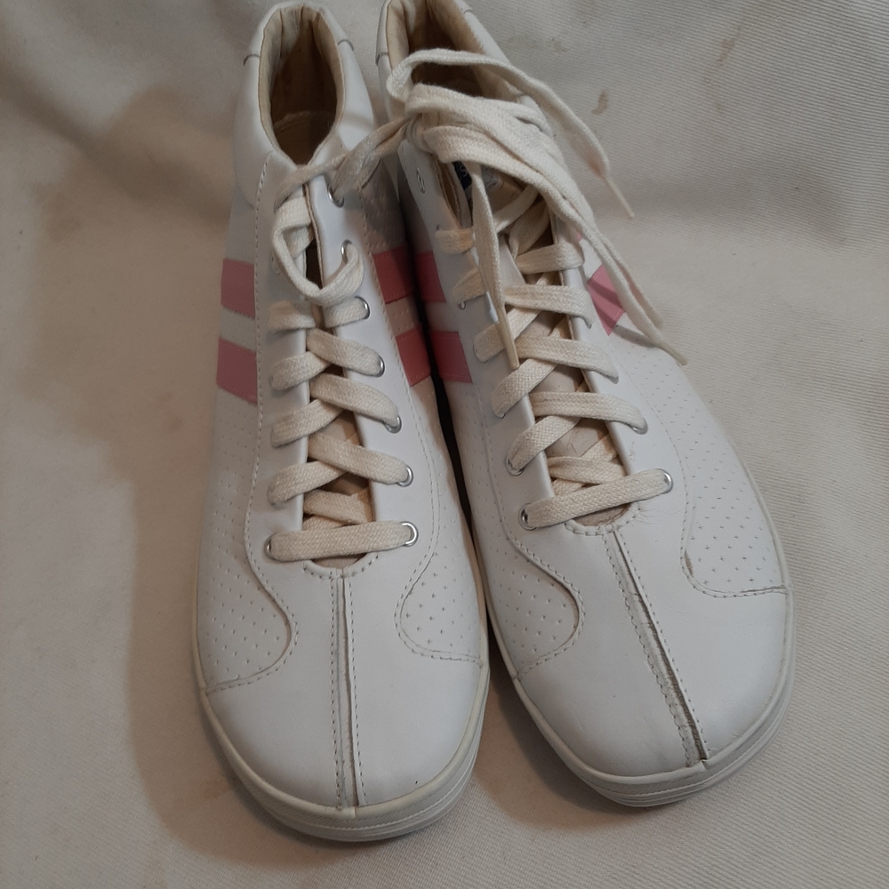 Pro Ked White W Pink Stripes Soft Leather High Top Sneakers